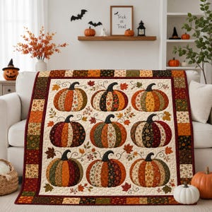 May include: A rectangular quilt featuring a grid of nine pumpkins, each crafted from various floral and autumn-themed fabric patches in shades of orange, brown, green, and cream. The quilt has a dark red border and a patchwork frame.