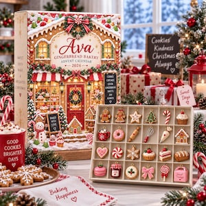 Peut inclure: Un calendrier de l'Avent rectangulaire en carton intitulé Ava Gingerbread Bakery 2026 avec une illustration de boulangerie festive. Il comprend un plateau séparé contenant vingt-quatre ornements suspendus en forme de biscuits et d'outils.