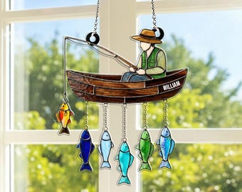 Personalized Fishing Suncatcher Custom Name Fisherman Stained Glass Window Hanging, Dad Gift Lake House Decor Angler Gift 2026 Outdoor Decor