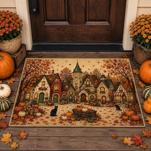 May include: A rectangular doormat featuring a detailed illustration of a village with stone houses, autumn foliage, and pumpkins. A wooden cart filled with pumpkins sits in the center, accompanied by two black cats on a leaf-strewn ground.