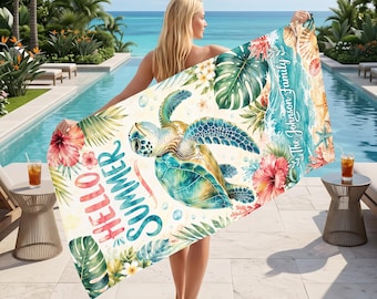 Toalha de praia personalizada para a família, com estampa de tartaruga marinha, nome personalizado e tema tropical. Presente ideal para as férias de verão.