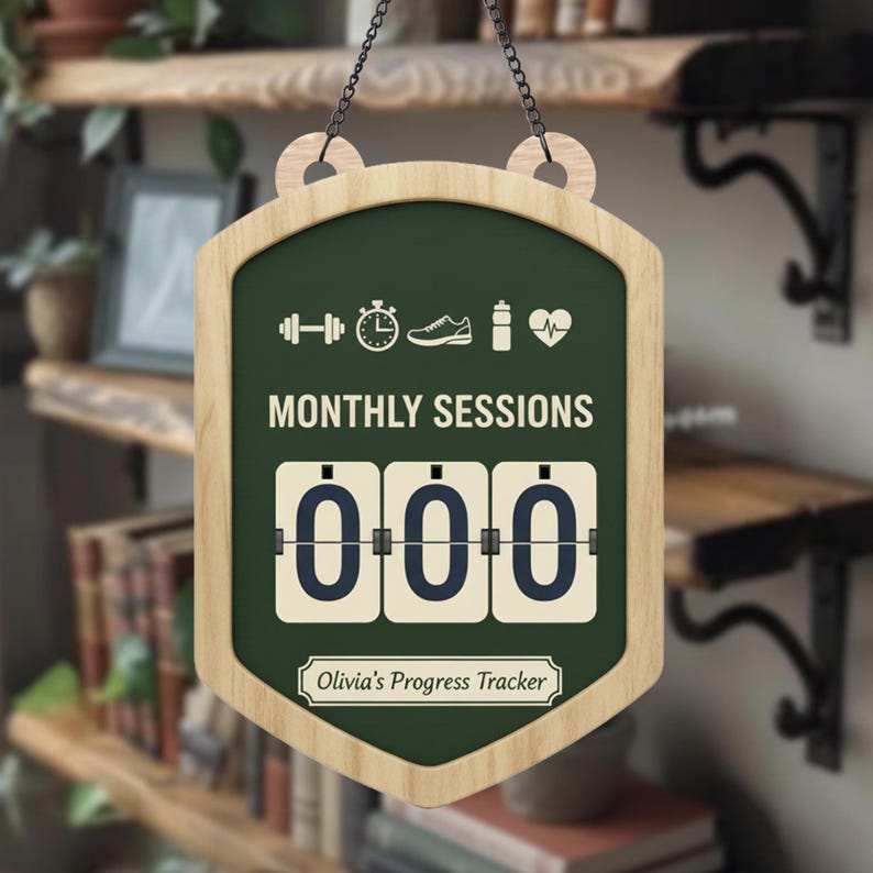 May include: A wooden sign with a dark green background and a light wood frame. The sign reads "MONTHLY SESSIONS" and has a counter showing "000". The top of the sign has fitness icons. The bottom of the sign reads "Olivia's Progress Tracker".