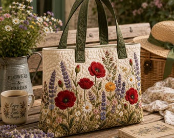 Personalized Wildflower Quilted Tote Bag, Floral Embroidered Style Shoulder Bag, Custom Gift for Her, GIFT 2026