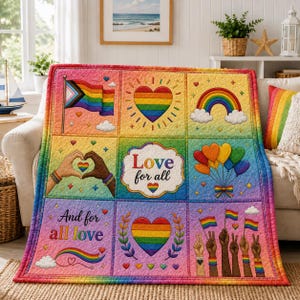 May include: A quilted throw blanket featuring a nine-panel grid design with rainbow-themed imagery, including pride flags, hearts, a rainbow, and hands forming a heart shape. The center panel displays the text Love for all, and the bottom left reads And for all love.