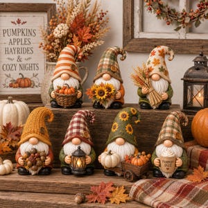 Può includere: Sette statuette decorative a forma di gnomo disposte su una superficie in legno. Ogni gnomo indossa un cappello alto con motivi autunnali come quadri, righe o foglie. Tengono in mano oggetti stagionali tra cui zucche, girasoli, grano e una lanterna.