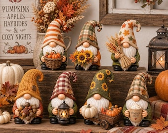 May include: A collection of seven decorative gnome figurines, each wearing a unique patterned hat with a button accent. The gnomes hold various autumn-themed items including pumpkins, sunflowers, wheat, a lantern, a wheelbarrow, and a mug.