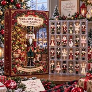 Può includere: Un calendario dell'Avvento Nutcracker Christmas 2026 con un'illustrazione di uno schiaccianoci, un orsacchiotto e un cavallo a dondolo. Accanto, un vassoio in plastica trasparente contiene ventiquattro statuine in miniatura, tra cui schiaccianoci e angeli.