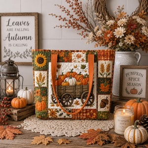 May include: A quilted tote bag featuring a central panel with a wooden wagon filled with pumpkins, surrounded by patchwork squares of sunflowers, wheat, and autumn leaves. The bag has two orange fabric handles and a multi-colored fall-themed pattern.