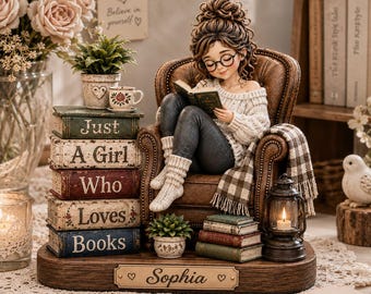 Puede incluir: Una figura de una persona con cabello castaño rizado y gafas sentada en un sillón marrón leyendo un libro. Una pila de cinco libros dice Just A Girl Who Loves Books. Una placa muestra el nombre Sophia. Incluye una linterna y plantas en macetas.