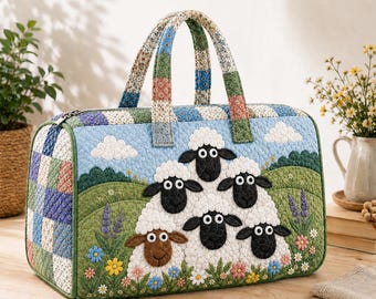 Quilted Sheep Duffle Bag, Farm Animal Print Tote, Cute Travel Luggage, Womens Weekend Purse, Pastoral Nature Pattern, Unique GIFT 2026