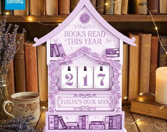 PERSONALIZABLE Wooden Books Read Tracker, CUSTOMIZABLE Reading Counter With Base, Personalized Book Nook Decor, Reading Lover Desk Sign