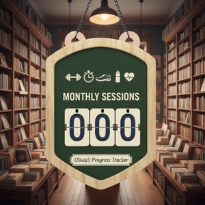 May include: A wooden sign with a green background and the words "MONTHLY SESSIONS" in white. Below, three flip numbers display "000". The sign includes fitness icons and the text "Olivia's Progress Tracker". The background shows a library.