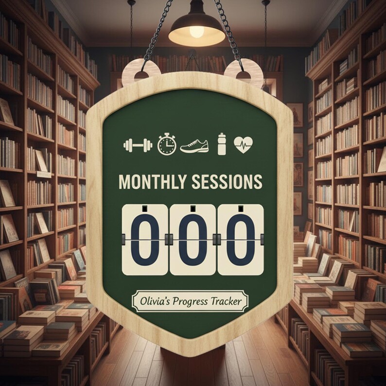 May include: A wooden sign with a green background and the words "MONTHLY SESSIONS" in white. Below, three flip numbers display "000". The sign includes fitness icons and the text "Olivia's Progress Tracker". The background shows a library.