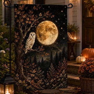 May include: A rectangular garden flag featuring a barn owl perched on a tree branch against a dark night sky. A large, glowing full moon illuminates the scene, which includes a dense forest of pine trees and autumn foliage in shades of brown.