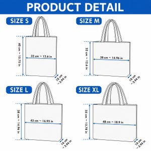 May include: A product detail chart displaying four tote bag sizes labeled S, M, L, and XL. Each bag illustration includes dimensions in inches: Size S is 15.75 x 12.6 x 3.94 inches, M is 12.6 x 14.96 x 3.94 inches, L is 14.96 x 16.93 x 3.94 inches, and XL is 13.78 x 18.9 x 3.94 inches.