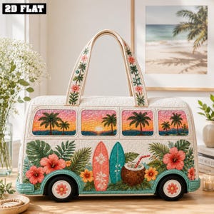May include: A quilted tote bag shaped like a vintage van, featuring a cream background with tropical hibiscus flowers, palm leaves, surfboards, and a coconut drink. The windows display a sunset beach scene with palm trees and ocean waves.