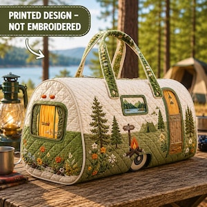 Custom Camper Van Quilted Duffle Bag, Personalized Camping Travel Weekender Purse, Cute Vintage RV Patchwork Outdoor Luggage, GIFT 2026