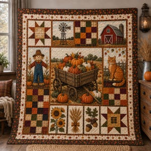 May include: A rectangular quilt featuring a central scene of a wooden wagon filled with pumpkins, surrounded by panels depicting a scarecrow, a red barn, a windmill, a cat, sunflowers, wheat, acorns, and geometric patchwork squares in autumn colours.