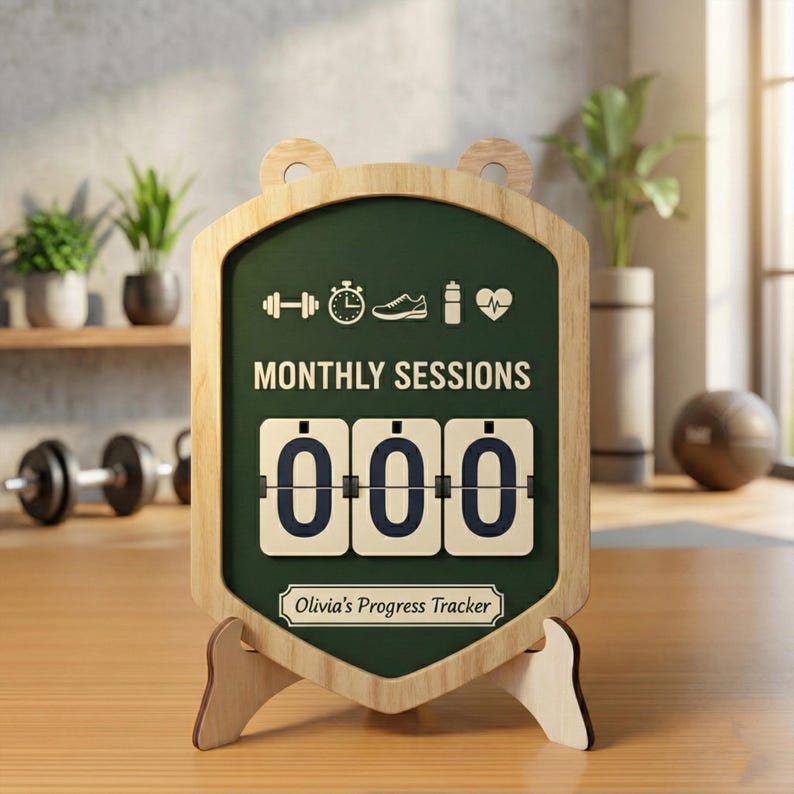 May include: Wooden fitness tracker with a green background and the words "MONTHLY SESSIONS." It displays "000" and includes icons of a dumbbell, stopwatch, shoe, water bottle, and heart. The text "Olivia's Progress Tracker" is at the bottom.