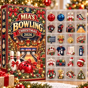 May include: A Mia's Bowling Christmas 2026 advent calendar box featuring a bowling alley scene with pins and a ball, alongside a clear plastic tray containing twenty-four individual bowling-themed ornaments including shoes, bags, and trophies.