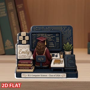 May include: A dark blue computer science graduation gift featuring a student in a maroon graduation gown and cap, coding at a computer. The gift includes the name "Emily", the text "B.S. Computer Science - Class of 2026", and a stack of books.