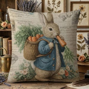 May include: Square decorative pillow featuring a charming illustration of a rabbit wearing a blue jacket and carrying a basket of carrots. The rabbit is eating a carrot. The pillow has a vintage aesthetic with floral and botanical elements.