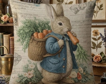 Kussensloop paashaas boerderij, vintage konijn wortelkussen, Cottagecore lente decorkussen, sierkussen rustiek paashaas