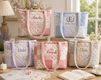 Personalized Quilted Tote Bag, Custom Name Patchwork Purse, Floral Gingham Book Bag, Cottagecore Carryall, GIFT 2026 for Women and Girls