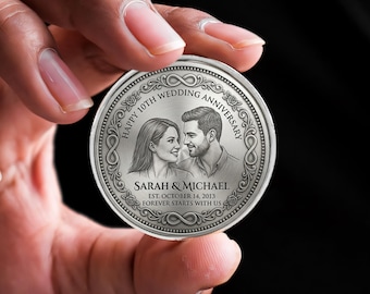 Gepersonaliseerde jubileummunt Aangepaste gegraveerde portret portret aandenken cadeau voor hem Haar 10e bruiloft metalen token Speciale vieringen