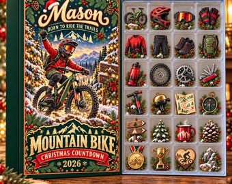 Personalized Mountain Bike Advent Calendar 2026, MTB Cycling Christmas Countdown Box, 24 Bike Gear Ornaments, Biker Holiday Decor, Gift 2026