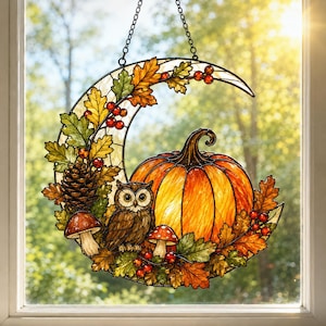 May include: A crescent moon-shaped stained glass suncatcher featuring a central orange pumpkin, a brown owl, pinecones, red berries, and mushrooms, all surrounded by autumn-colored oak leaves. The piece hangs from a black metal chain.