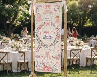 Gepersonaliseerde banner babyshower Gepersonaliseerde babyshower welkomstbord bloemen linnen achtergrond meisje eenhoorn zwaan feestdecor cadeau voor moeder