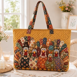 May include: A quilted mustard yellow tote bag featuring an appliqué design of five turkeys with colourful floral patterned feathers. The turkeys have googly eyes, red wattles, and one wears a black pilgrim hat. The bag has two matching floral handles.