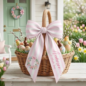 Lazo personalizado para cesta de Pascua, cinta personalizada con nombre para cesta de Pascua, decoración de cesta de conejito a rayas rosas, decoración de regalo de Pascua para niños