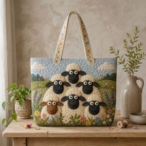 May include: A quilted tote bag featuring a pastoral scene with five sheep in a grassy field under a blue sky with clouds. The bag has two cream-coloured handles with floral embroidery and a textured surface depicting flowers and greenery.