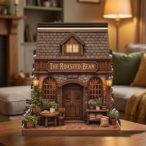Peut inclure: Une miniature en bois détaillée d'un café, "The Roasted Bean", avec une façade en pierre, des fenêtres cintrées et un toit en bardeaux. Le magasin comprend une petite table et des chaises, des plantes et une enseigne "EST. 2023."