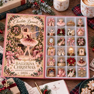 Könnte beinhalten: Ein Ballerina Christmas Adventskalender für 2026 mit einer Ballerina im rosa Tutu auf dem Deckel und fünfundzwanzig einzelnen Fächern, die Miniaturornamente wie Ballettschuhe, einen Nussknacker und einen Schwan enthalten.