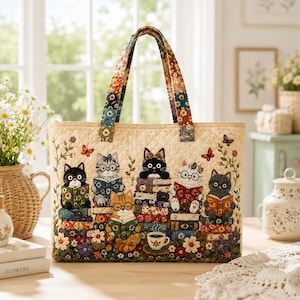 Könnte beinhalten: Eine gesteppte Tragetasche mit cremefarbenem Hintergrund und einem bunten Aufdruck von fünf lesenden Katzen. Die Katzen sind von Blumenmustern, Schmetterlingen und Bücherstapeln umgeben. Die Tasche hat zwei passende Griffe aus gemustertem Stoff.