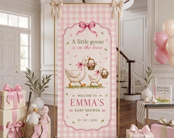 Spersonalizowany napis powitalny na baby shower w różową kratkę gingham Little Goose, lniany gobelin ścienny, spersonalizowany wystrój pokoju dziecięcego dla dziewczynki, uroczy prezent dla ukochanej osoby