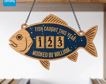 PERSONALIZABLE Fishing Catch Tracker Sign, CUSTOMIZABLE Fish Caught This Year Counter, Wooden Angler Decor Gift, Dad Fisherman Wall Art