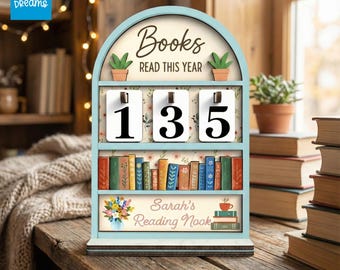 PERSONALISEERBARE Boeken-tracker voor dit jaar, AANPASBARE houten leesteller, gezellig decor van boekenhoek, aangepaste naam bibliotheekbord cadeau