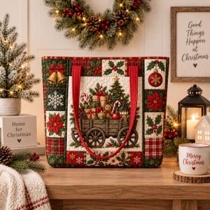 Könnte beinhalten: Eine gesteppte Tragetasche mit einer zentralen Abbildung eines Holzwagens, der mit Weihnachtsgeschenken, einem Teddybären und einem Baum gefüllt ist. Der Rand zeigt ein Patchwork-Muster aus rot-grünem Schottenkaro, Weihnachtssternen und Schneeflocken.