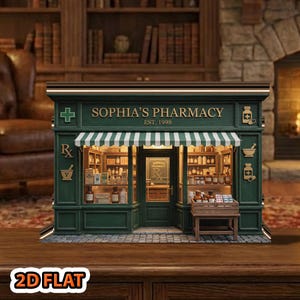 May include: A miniature pharmacy model with a green facade, a striped awning, and the text "Sophia's Pharmacy Est. 1998." The interior is visible through the glass door, showcasing shelves of apothecary bottles and jars. A small wooden crate sits in front.