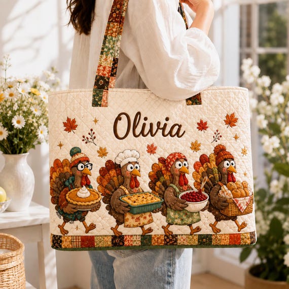 Thanksgiving Tote, Custom Turkey Bag, Quilted Fall Purse, Autumn Shopping Sack, Women GIFT 2026, Personalized Holiday Handbag, Cute Style