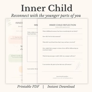 May include: A set of printable PDF journal pages with the title "Inner Child" and the subtitle "Reconnect with the younger parts of you." The pages feature prompts for self-reflection, with a pen in the lower right corner. The text "Printable PDF | Instant Download" is at the bottom.