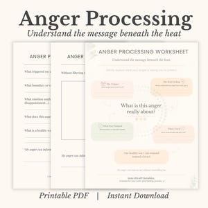 May include: A printable PDF worksheet titled "Anger Processing" with the text "Understand the message beneath the heat." The worksheet includes prompts to explore anger triggers, feelings, and needs. The words "Printable PDF" and "Instant Download" are at the bottom.