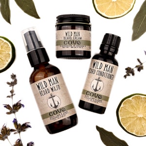 Wild Man beard care set in Cove scent with 30ml Beard Conditioner, 2oz Beard Wash and 1oz Beard Cream. Lime slices and sage leaves surround.