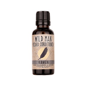 Wild Man Beard Oil Conditioner - Raven scent in 30ml amber glass bottle on a white background.