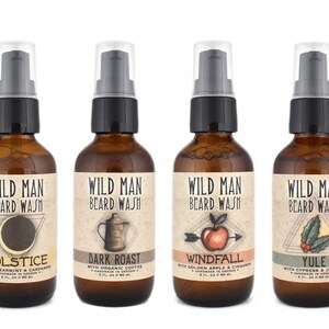 Wild Man Beard Wash 2oz in Solstice, Dark Roast, Windfall and Yule scents.