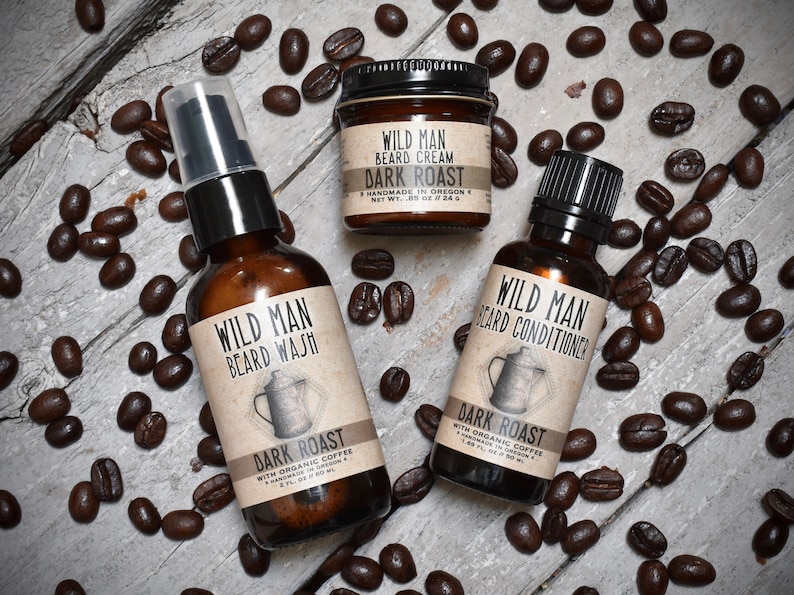 Mens Grooming Kit Wild Man Beard Gift Set THREE PACK Beard Oil Conditioner, Beard Wash and Beard Cream Dark Roast